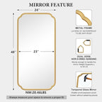 Gold Wall Mirror 48 x 24 Inch Bathroom Vanity Mirror for Over Sink Modern Rounded Corner Rectangle Wall Mirror Decorative with Non-Rusting Iron Metal Framed (Horizontal/Vertical)
