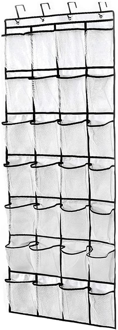 28 Large Pockets Over The Door Shoe Organizer, Hanging Shoe Organizer for Closet, Premium Clear Shoe Rack for Door, Shoes Hanger Organizers Storage Holder for Back of Door and 4 Metal Hook White