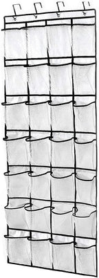 28 Large Pockets Over The Door Shoe Organizer, Hanging Shoe Organizer for Closet, Premium Clear Shoe Rack for Door, Shoes Hanger Organizers Storage Holder for Back of Door and 4 Metal Hook White