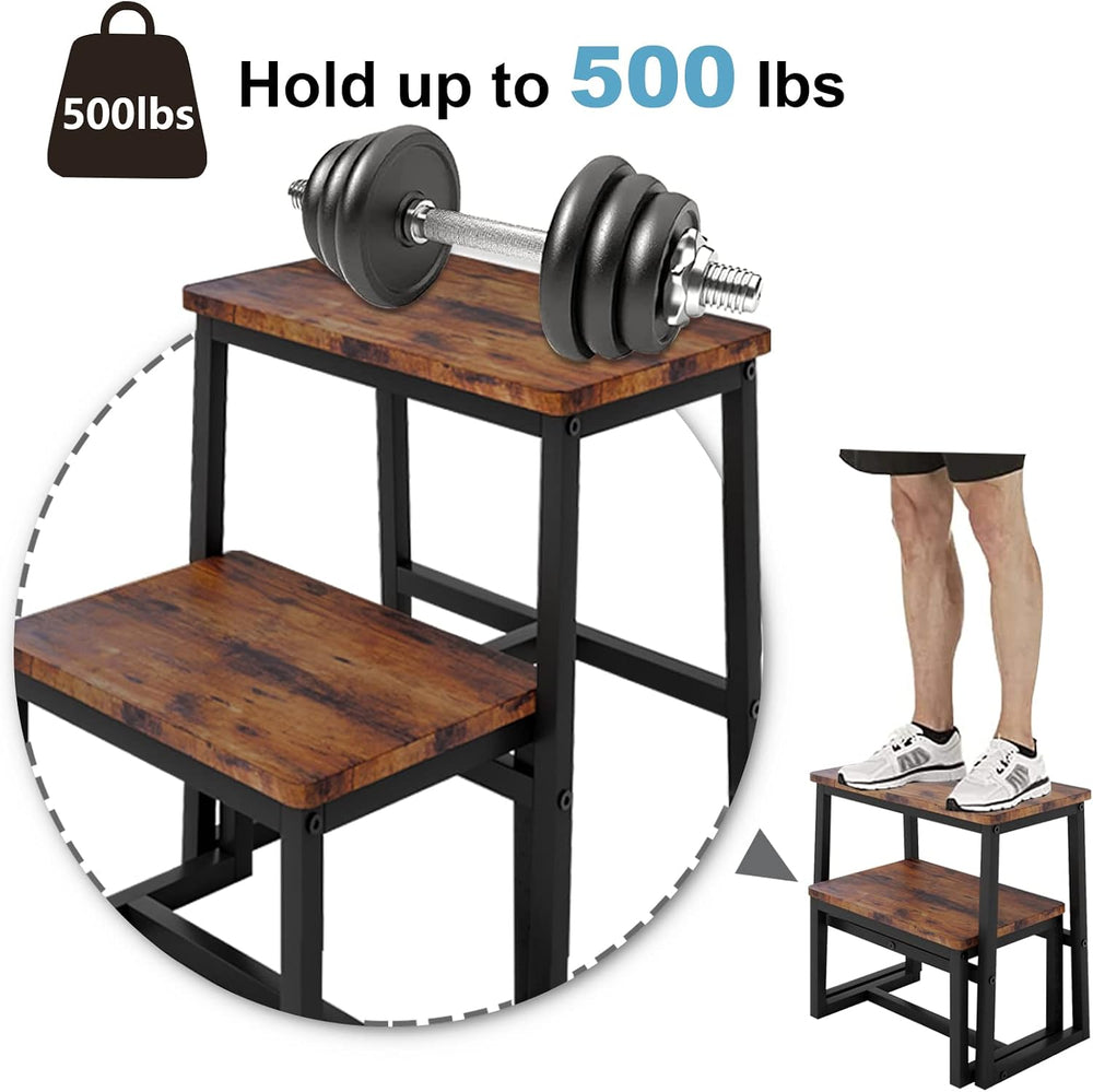 2 Step Stool for Adults Wooden Step Stool with 500 Lbs, Rustic Brown | Kitche...