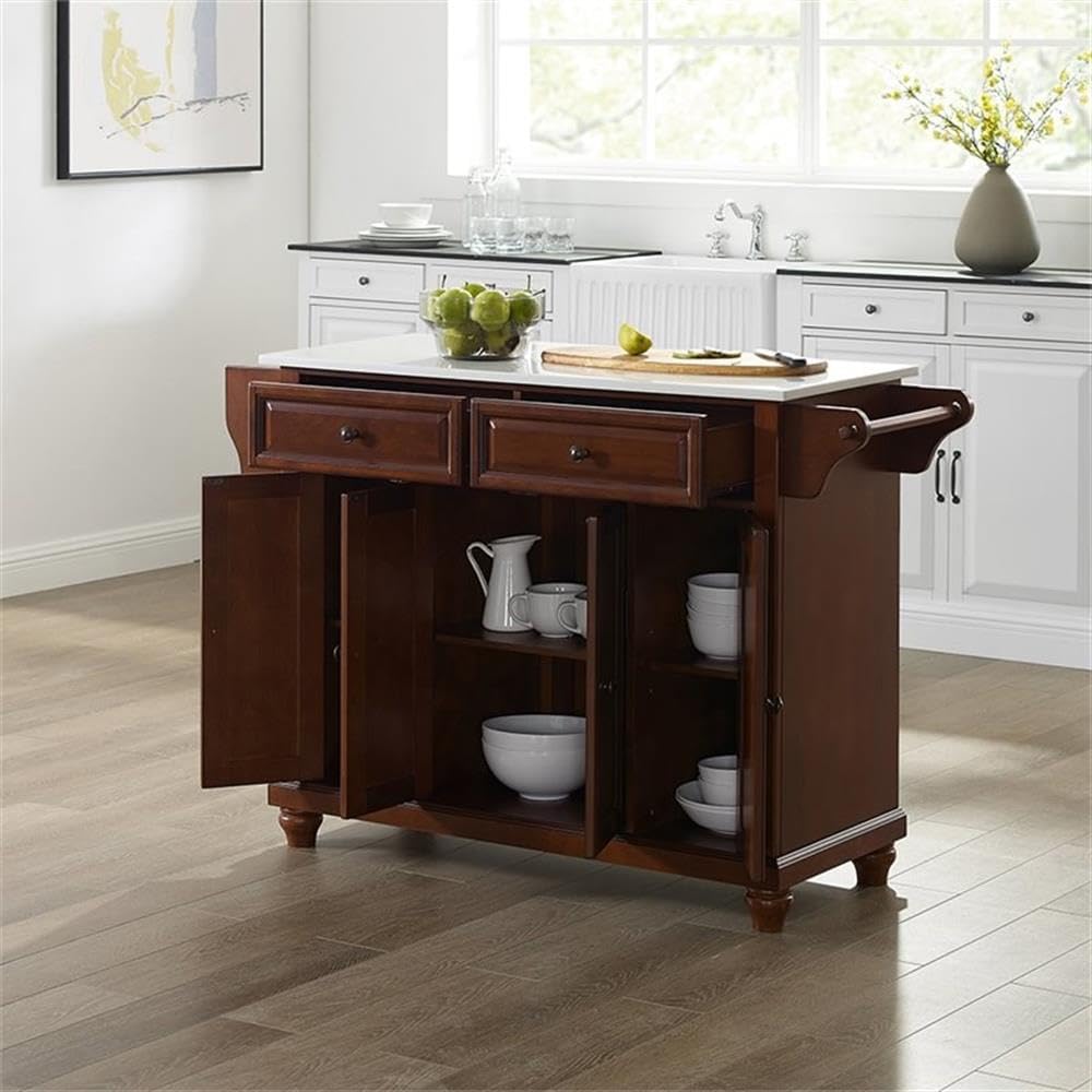 Pemberly Row Modern Wood Granite Top Kitchen Island in Mahogany