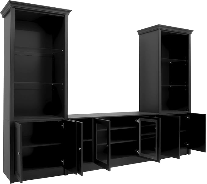 128.2" W Wall Unit Entertainment Center with Bookshelves for TVs up to 80", Multifunctional TV Stand Media Console with Tempered Glass Cabinets and Adjustable Shelves for Living Room (Black-1.28)