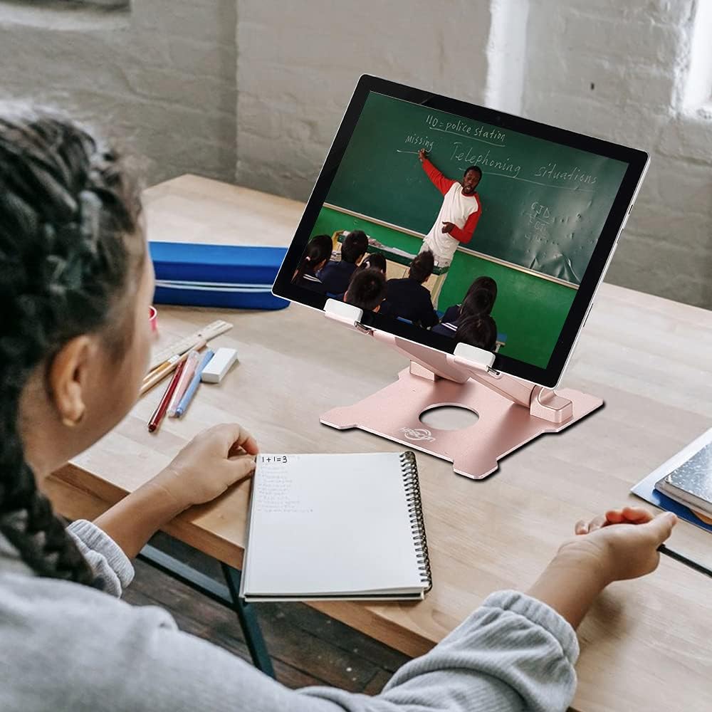 KABCON Tablet Stand,【Updated】 Adjustable Eye-Level Aluminum Solid Desktop Stand Holder,Compatible with iPad Series,Microsoft Surface Series,Samsung,Kindle Fire,Etc.Up to 15'' Tablets-Pink