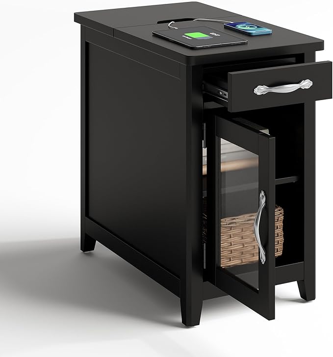 LINSY HOME End Table with Charging Station, Side Table for Bedroom with Drawer and Detachable Holder, Storage Shelf with Glass Door, Extra Storage & Display Space, Small Nightstand for Living Room