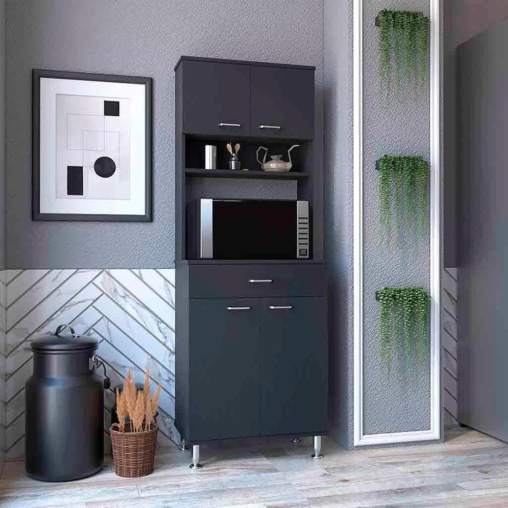 Black 67" H Pantry Cabinet, 4 Doors, 1 Drawer, Microwave Storage & 5...