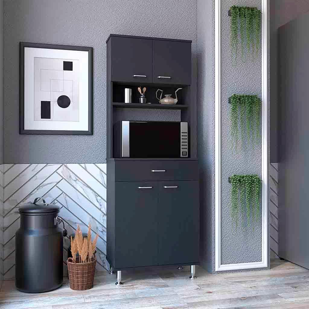 Pantry Cabinet 67" H,Four Doors,One Drawer,Three Internal Shelves,2 External Storage Shelves,Microwave Storage Option,Four Legs,Black