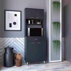 Pantry Cabinet 67" H,Four Doors,One Drawer,Three Internal Shelves,2 External Storage Shelves,Microwave Storage Option,Four Legs,Black