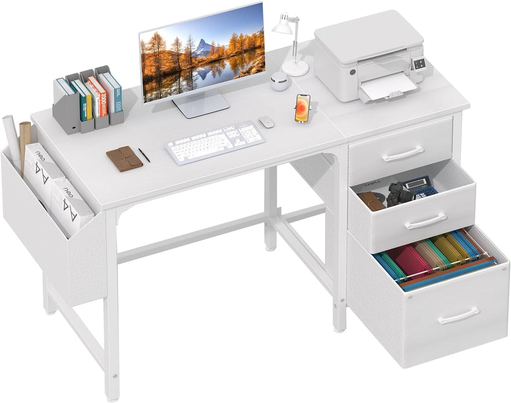 Lufeiya White Desk with File Drawers Cabinet, 47 Inch Reversible Computer Des...