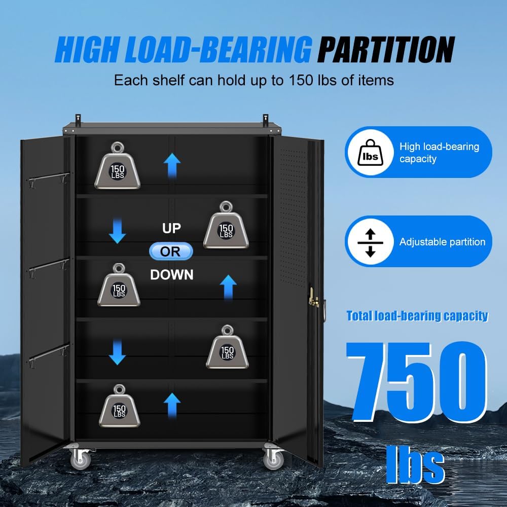 Yeeoy 72" Wide & Deep Metal Garage Storage Cabinet with Wheels, Blac...