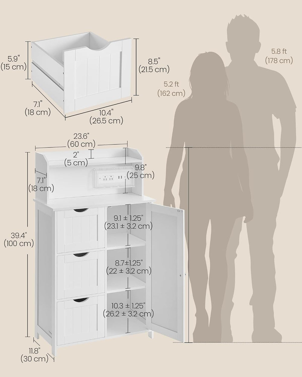 VASAGLE Tall Storage Cabinet with Power Strip, with 3 Drawers, 39.4" H