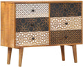 Mid-Century Modern Sideboard with Six Drawers, Solid Mango Wood and MDF Construction, Brown Lacquered Finish with Geometric Printed Patterns, Ample Storage for Dining