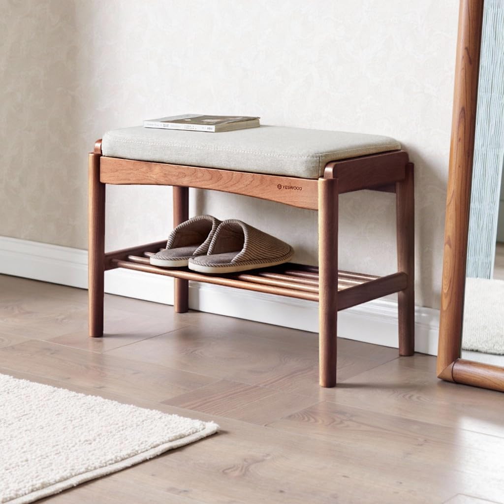 Solid Wood Shoe Bench, 24 Inch Entryway Bench with Light Gray Cushion | Warm walnut wood grain and light gray cushion create an elegant neutral bench for modern home interiors.