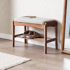 Solid Wood Shoe Bench, 24 Inch Entryway Bench with Light Gray Cushion | Warm walnut wood grain and light gray cushion create an elegant neutral bench for modern home interiors.