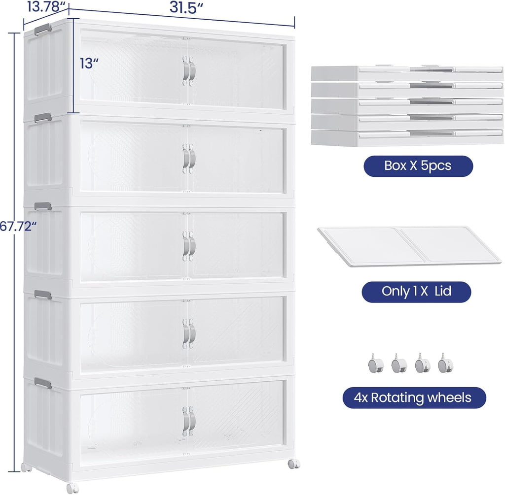 800QT Extra Large Stackable Storage Bins with Lid & Wheels & Doors, 200Gal Foldable Collapsible Closet Organizers, Plastic Cabinet Box Container Drawer for Home Kitchen Bedroom, 5Pack White