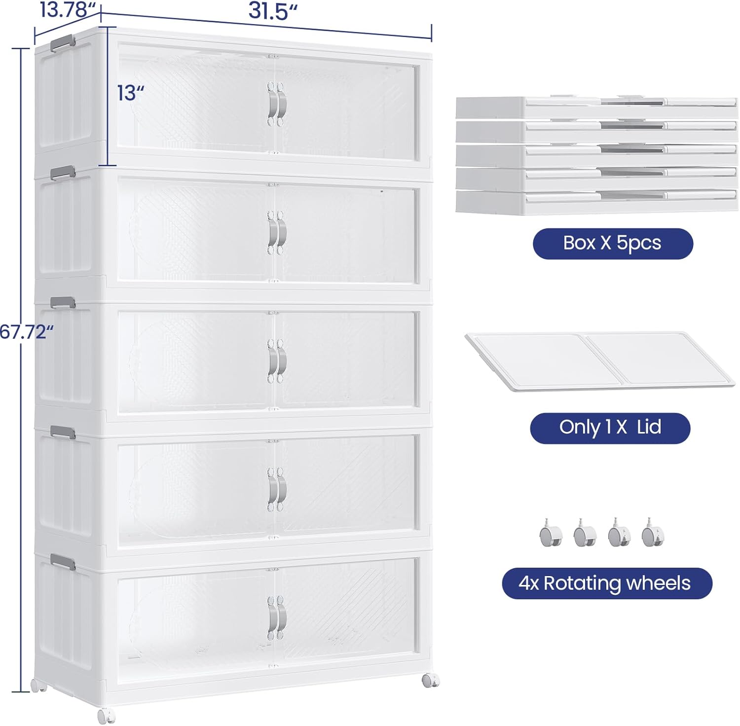 800QT Extra Large Stackable Storage Bins with Lid & Wheels & Doors, 200Gal Foldable Collapsible Closet Organizers, Plastic Cabinet Box Container Drawer for Home Kitchen Bedroom, 5Pack White
