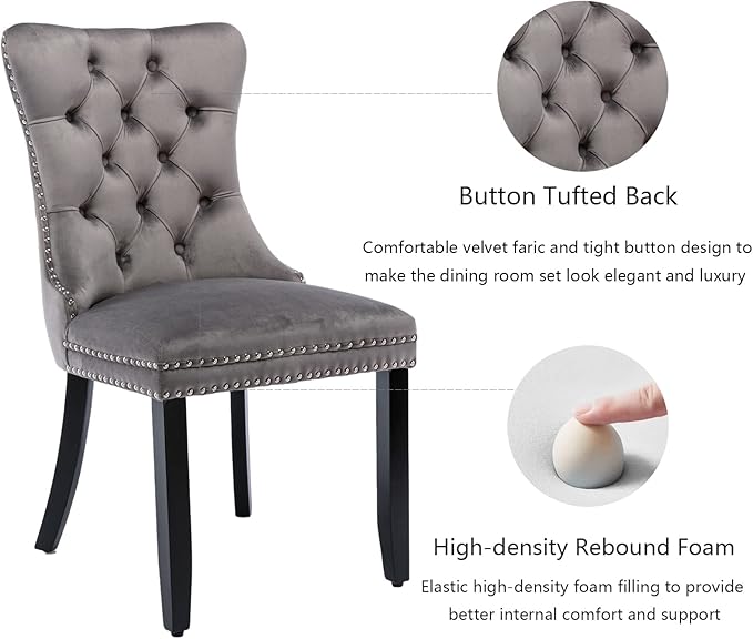 Grey Velvet Dining Chairs Set of 2, Upholstered Dining Room Chairs with Back Ring Pull Trim and Solid Wood Legs,Tufted Wingback Kitchen Chairs for Dining Room,Living Room,Kitchen(Grey)
