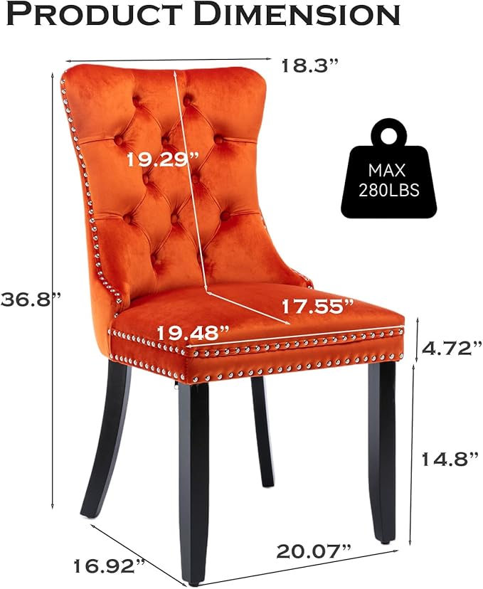Velvet Upholstered Dining Chairs Set of 8, Modern Style Kitchen Side Chairs with Nailhead Trim and Wood Legs,Metal Pulling Ring for Dining Room Living Room(Orange)