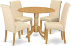 East West Furniture DLBA5-OAK-02 5 Piece Dining Set Includes a Round Dining Room Table with Dropleaf and 4 Light Beige Linen Fabric Upholstered Parson Chairs, 42x42 Inch, Oak