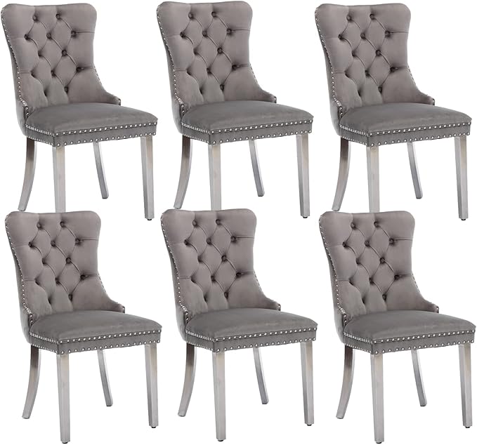 Velvet Dining Chairs Set of 6, Upholstered Dining Room Chairs with Back Ring Pull Trim and Sliver Stainless Steel Legs,Modern Kitchen Chairs Perfect for Dining Room,Kitchen(Grey)