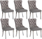 Velvet Dining Chairs Set of 6, Upholstered Dining Room Chairs with Back Ring Pull Trim and Sliver Stainless Steel Legs,Modern Kitchen Chairs Perfect for Dining Room,Kitchen(Grey)