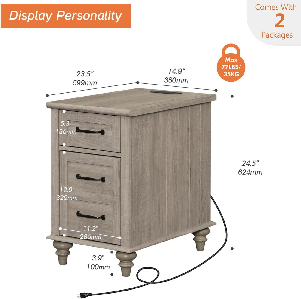 WAMPAT 2 Pack End Tables with Charging Station, Farmhouse Side Table with Dra...