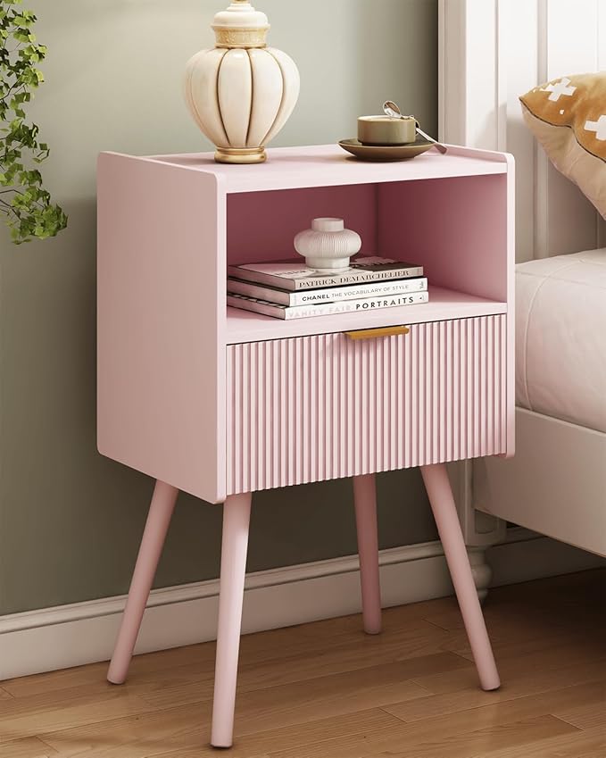 Nightstand,Modern Bedside Table with Storage Drawer and Open Wood Shelf, for ...