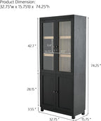 LUMISOL 74.5" Tall Kitchen Pantry Cabinet with Glass Doors & Adjustable Shelves, Ash Wood Grain Display Cabinet with Storage, Modern Bookshelf for Living Room Dining Room Office, Black