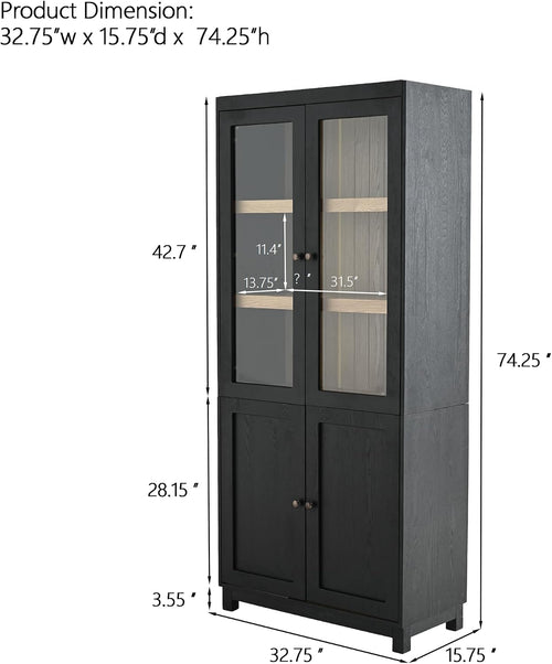 32.75" D*15.75" W*74.5" H Freestanding Kitchen Pantry with 4 Shelves, Top French Door & Lower Double Door, Rectangular Kitchen Pantry，for Living Room, Dining Room，Black
