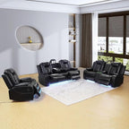 Electric Power Recliner Chair/Loveseat/Sofa Living Room, Comfy Home Theater Breathing Leather Seating with USB 2.0 Charging Ports, LED Light Strips, Fold-Down Table & Cupholders (Black, 3-Piece)