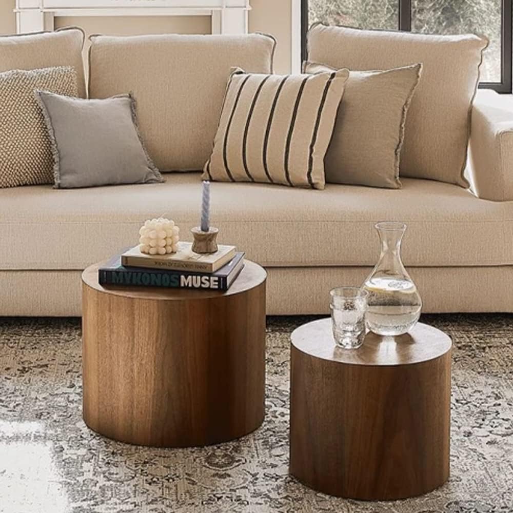WILLIAMSPACE Nesting Coffee Table Set of 2, Walnut Round Wooden Coffee Tables...
