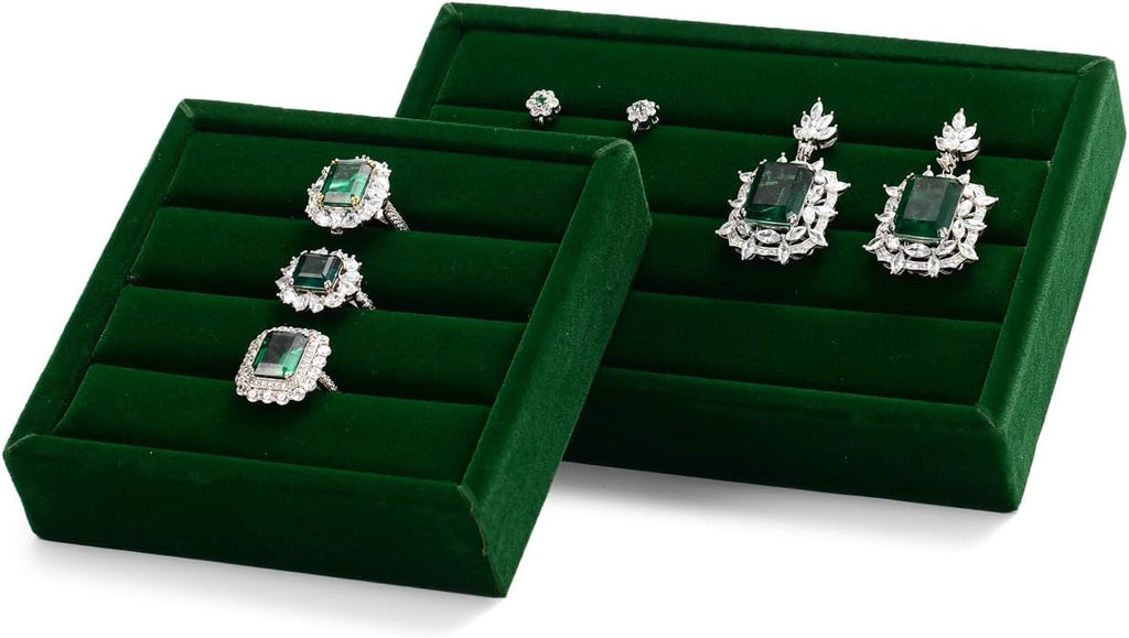 Oirlv 3 Slots Velvet Small Ring Organizer Earrings Trays Showcase Display Storage Insert Holder for Jewelry Box, Drawer, Dresser(Green,M)