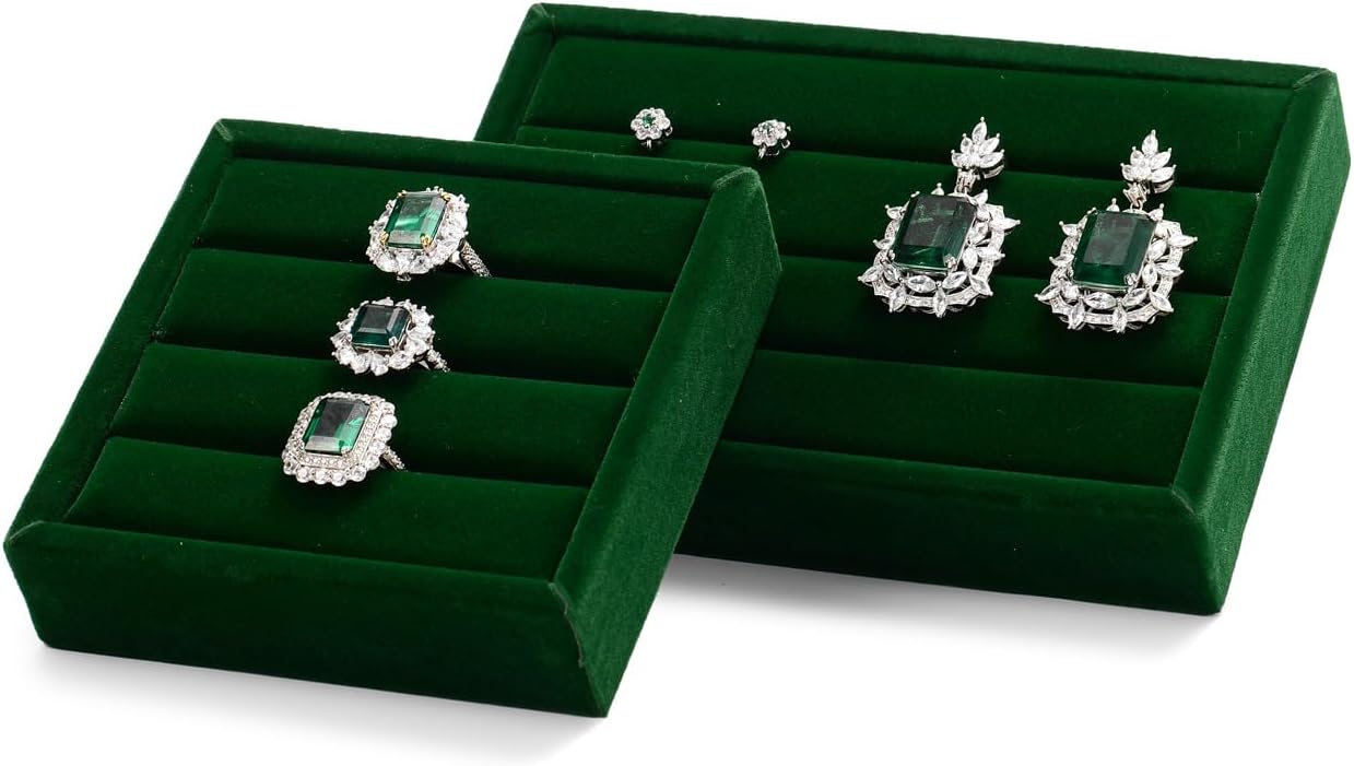 Oirlv 3 Slots Velvet Small Ring Organizer Earrings Trays Showcase Display Storage Insert Holder for Jewelry Box, Drawer, Dresser(Green,M)