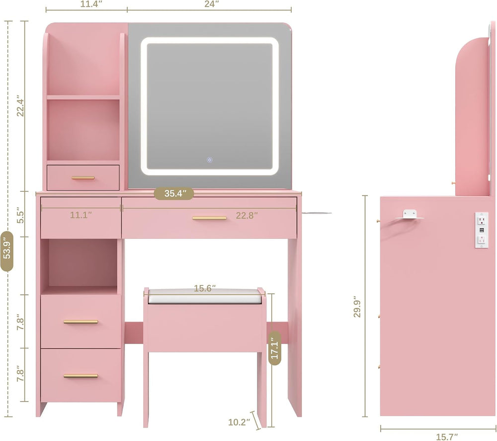 Vanity Desk with LED Mirror, Power Outlet, 5 Drawers Makeup Table | Smart LED...