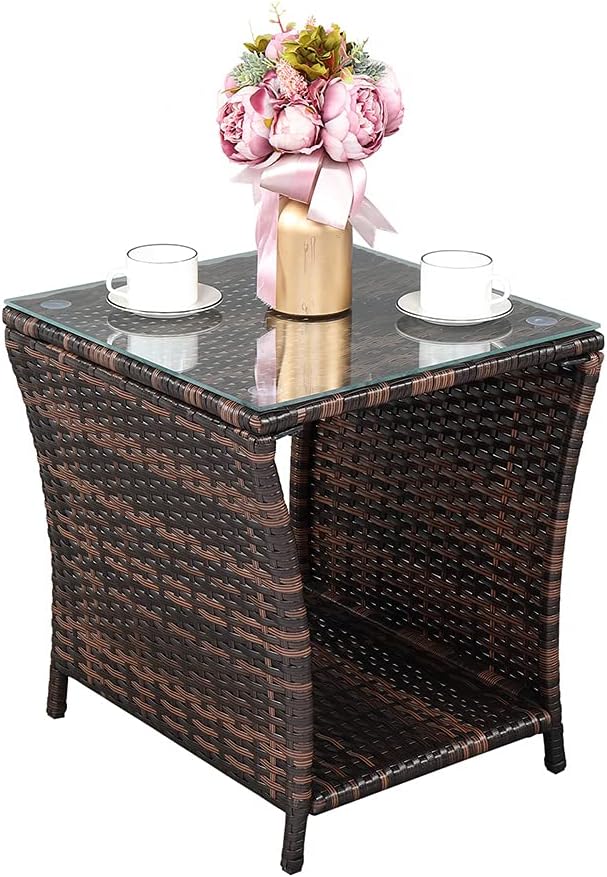 Bonnlo Small Garden Table, Rattan Patio Table with Glass Top & Shelf Under, Weatherproof for Indoor Outdoor, 46x46x50cm Brown