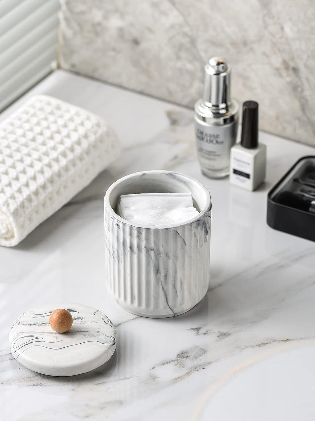 Bathroom Canister with Lid Qtip Holder Dispenser Jar Storage Organizer for Bathroom, Bedroom, Vanity, Kitchen Cabinet
