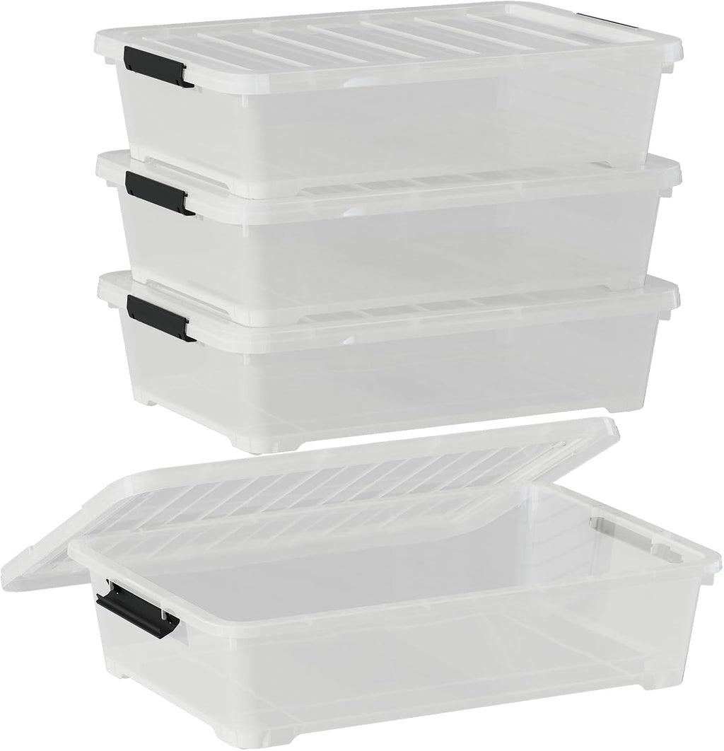 Saedy 4 Pack 40L Plastic Underbed Storage Container Box with Wheels, Clear
