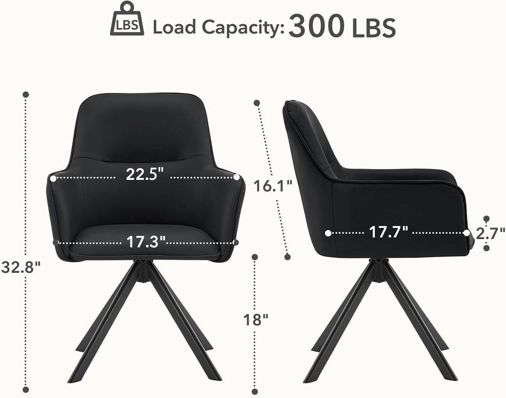 Furniliving Modern Swivel Dining Chairs Set of 2, Upholstered Dining Room Chairs with Thicken Cushion, 360°Swivel Dining Chairs with Metal Legs for Dining Room, Kitchen, Bedroom, PU, Black