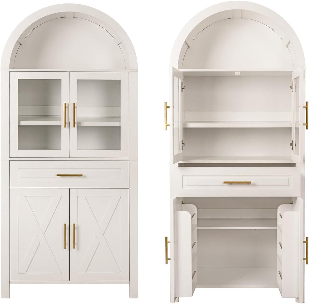 71" Tall Arched Pantry Cabinet Farmhouse Kitchen Pantry with Glass Door,...