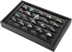 Valyria Velvet 5 Slots Ring Earrings Trays Showcase Display Jewelry Organizer (Black Flat PU Leather)