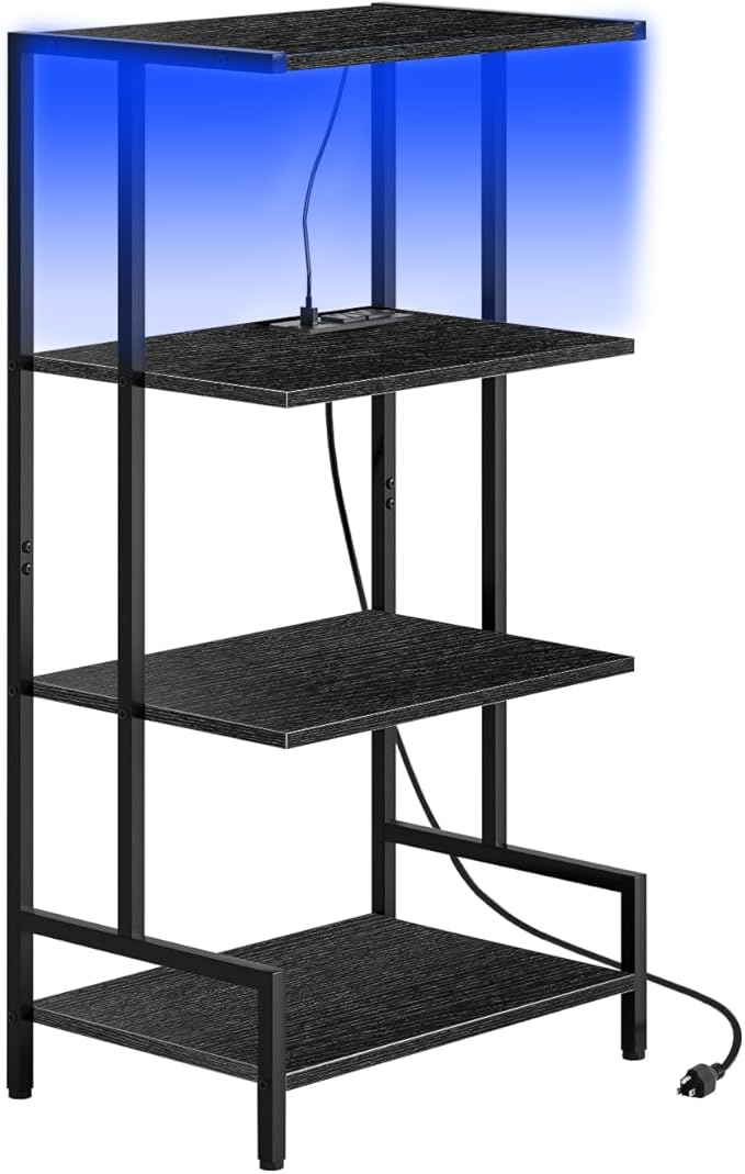4-Tier AV Media Stand with Power Outlet and LED Lights,Wooden Stereo Stand Ca...