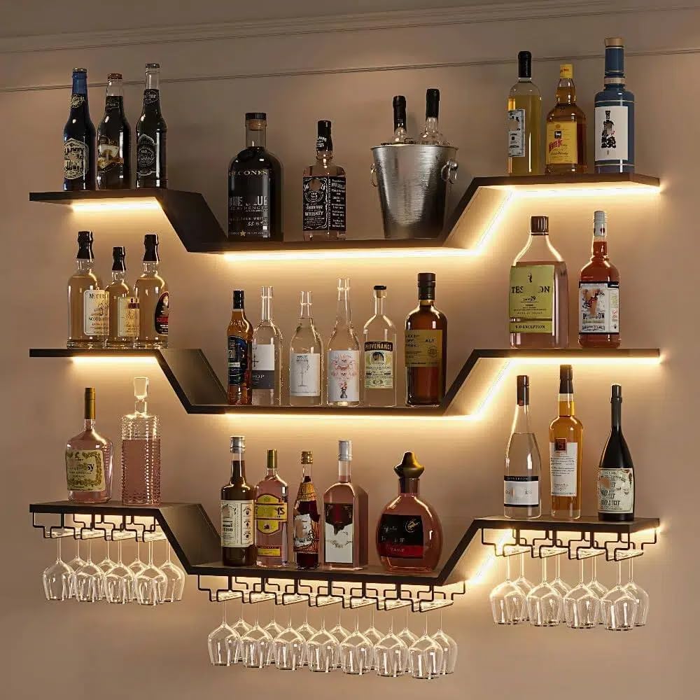 Wall Mounted Wine Rack with LED Lights | 3-Tier Floating Bar Shelves, Hanging...