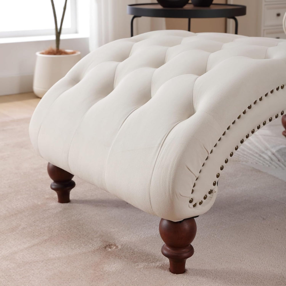 Velvet Tufted Chaise Lounge, Upholstered Sofa Chair with Wood Legs Beige