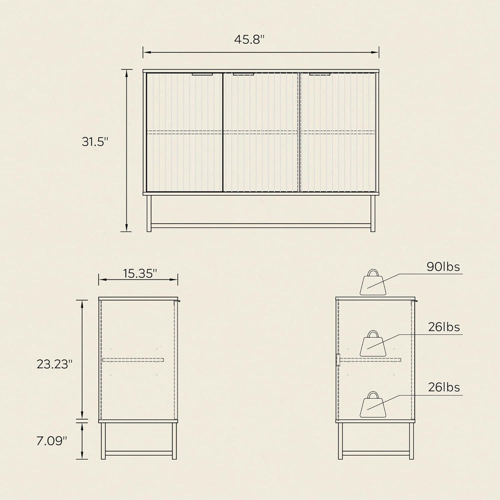 Fluted Storage Cabinet with 3 Doors, Sideboard Buffet Cabinets with Adjustabl...
