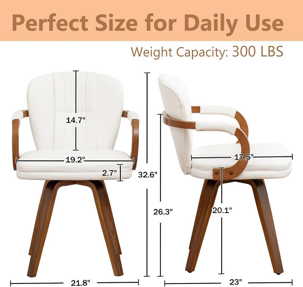 Swivel Dining Chairs Set of 2 Mid Century Modern White Faux Leather Upholster...