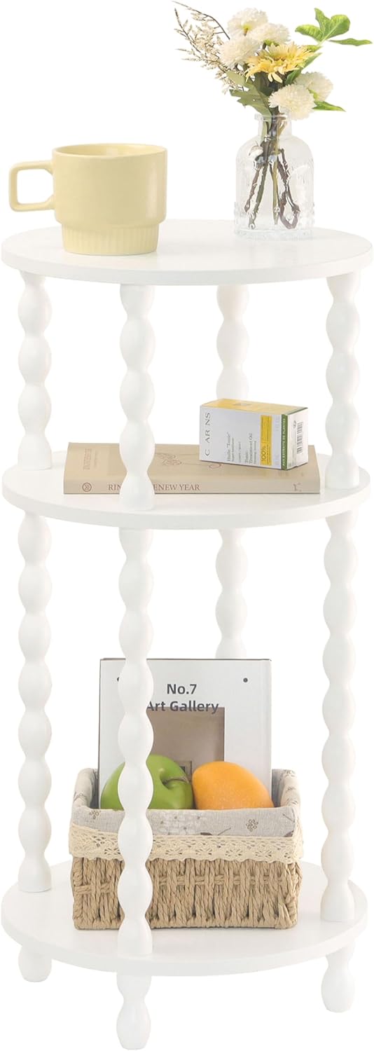 AWASEN Small Round Side Table, White End Table with 3-Tier Open Shelf for Sma...