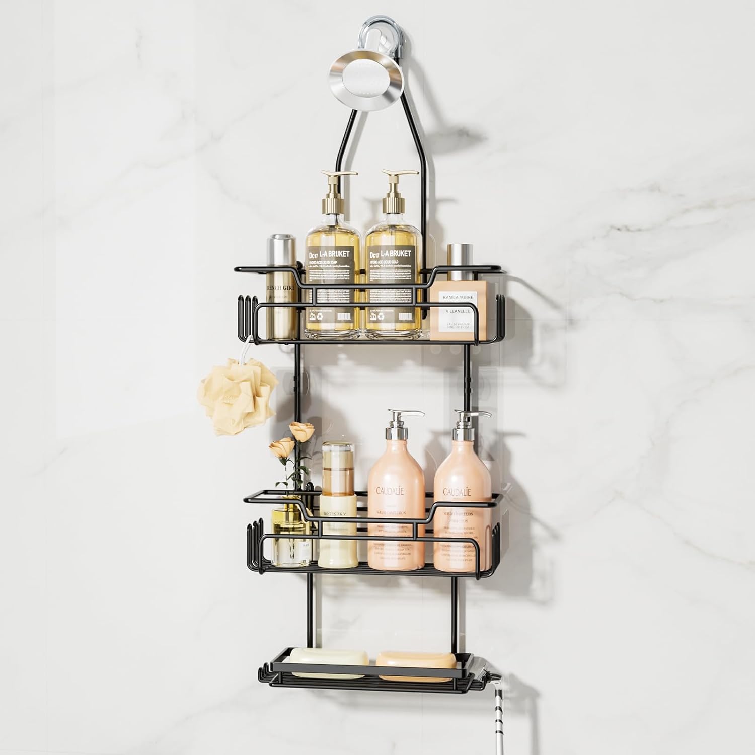 SWTYMIKI Bathroom Shower Caddy Hanging - 3 Tier Rustproof Over Shower Head Organizer, No Drilling Bathroom Shelf with 16 Hooks & Soap Holder, Anti-Swing Rack for Shampoo,Sponge,Towel, Black, Medium