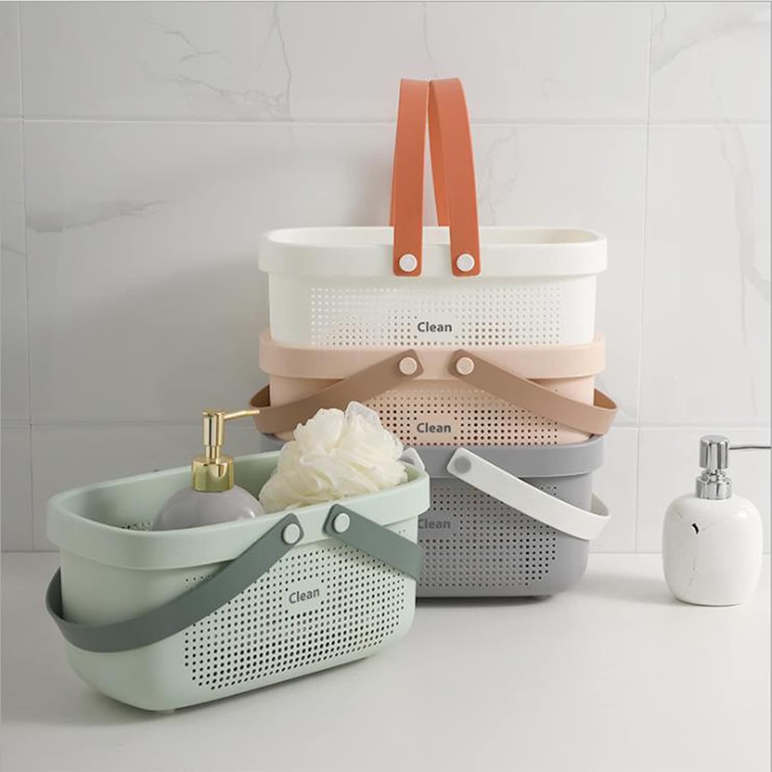 JiatuA Plastic Storage Basket with Handle Portable Shower Caddy Tote Organizer Basket Bin for Bathroom Kitchen Dorm Room Bedroom, Green