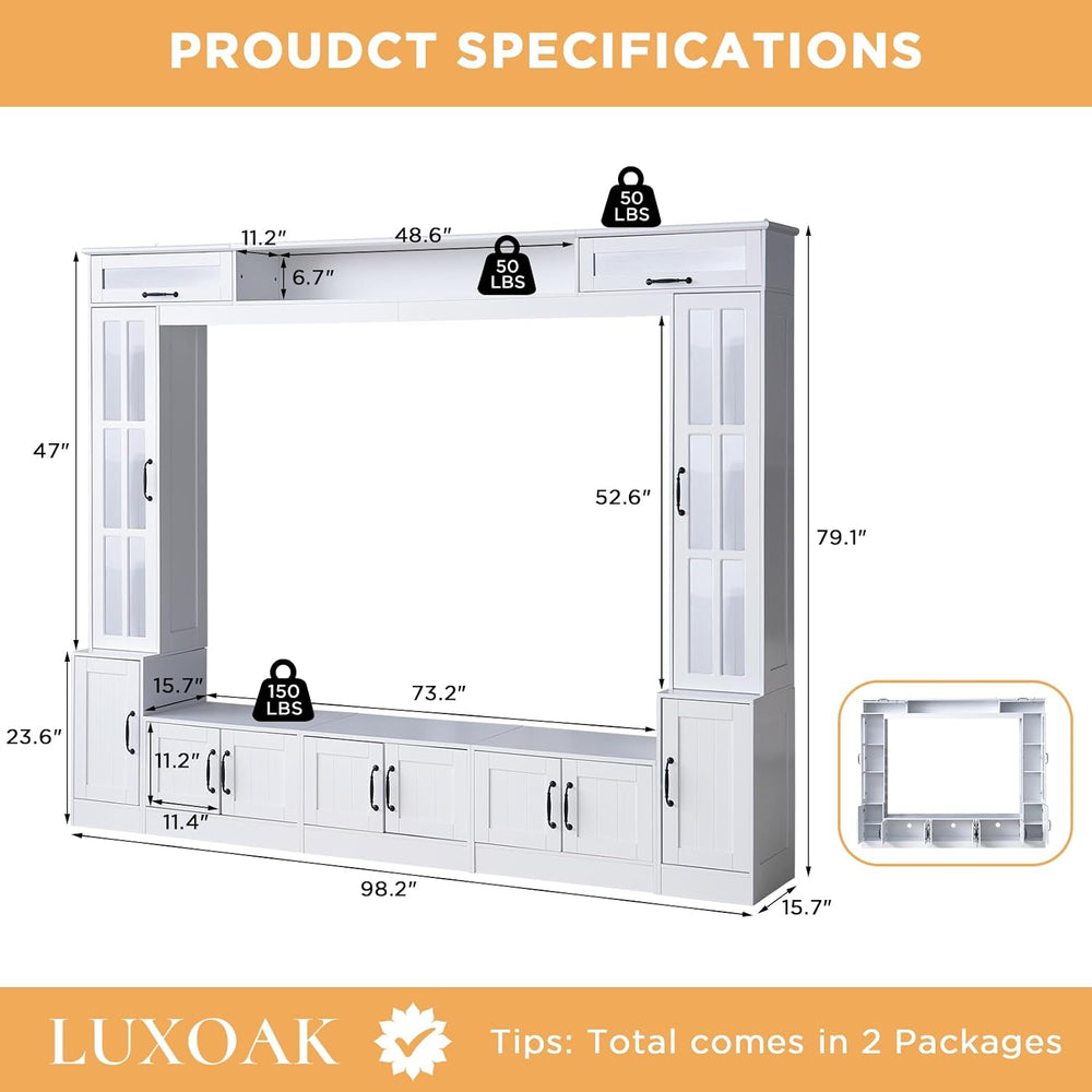LUXOAK 98" Wide Wall Unit TV Stand with Storage Bookshelves & LED Li...