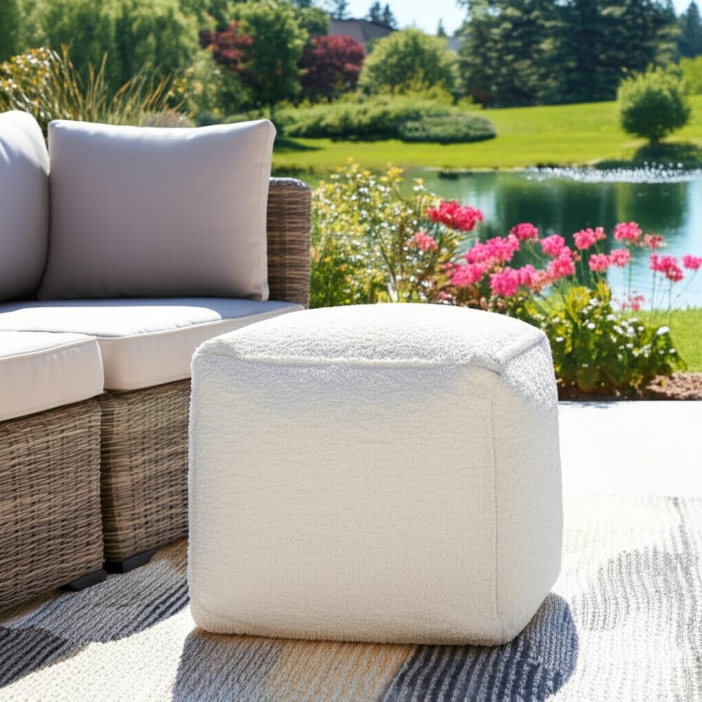 HomeRoots 18" Ivory Polyester Cube Outdoor Pouf Ottoman