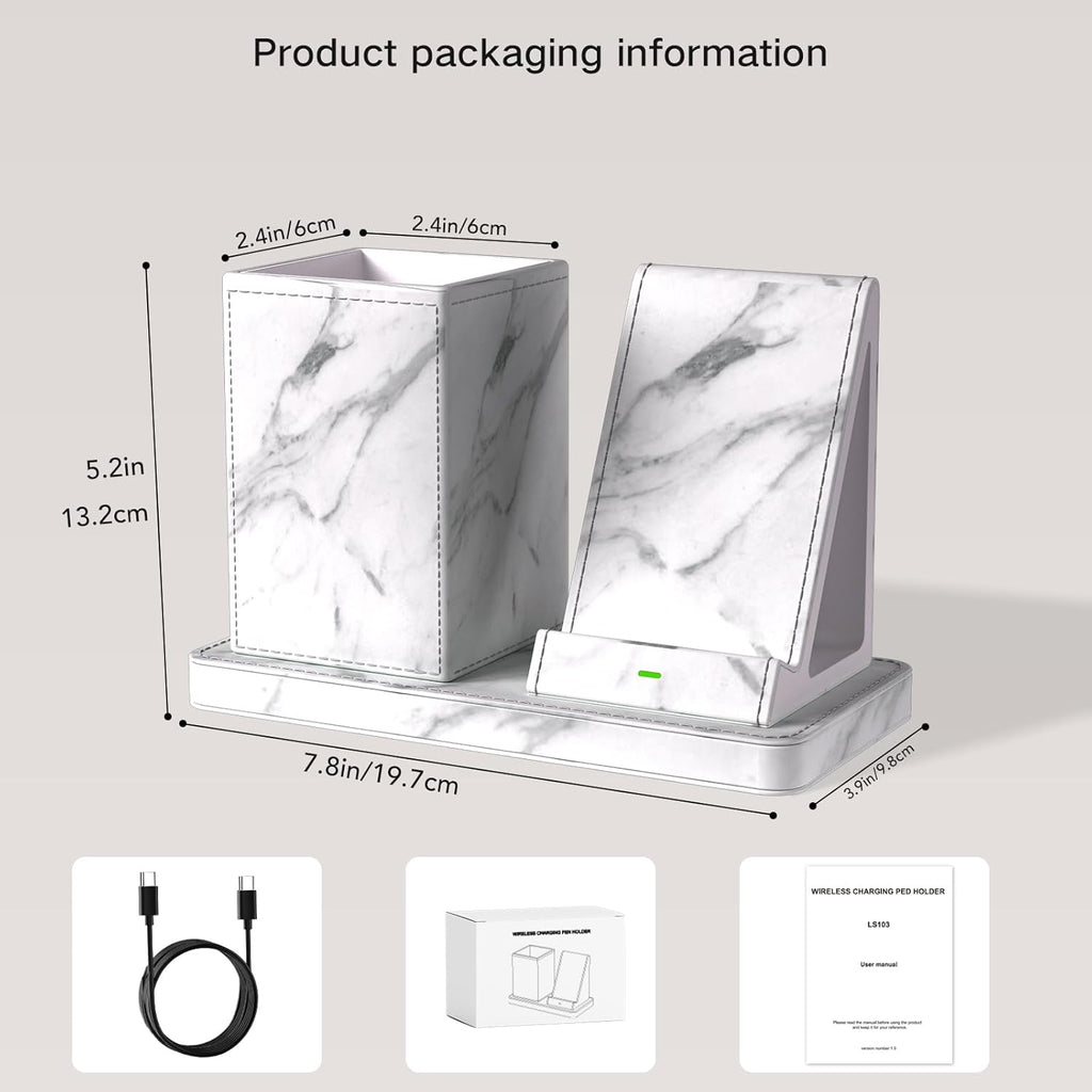 Multi-Functional Pencil Holder for Desk,marble Vegan Leather Organizers with Remote Control Holder,Pencil Holder Desk Organizer with Phone Wireless Charger for Office/Nightstand/Endtable